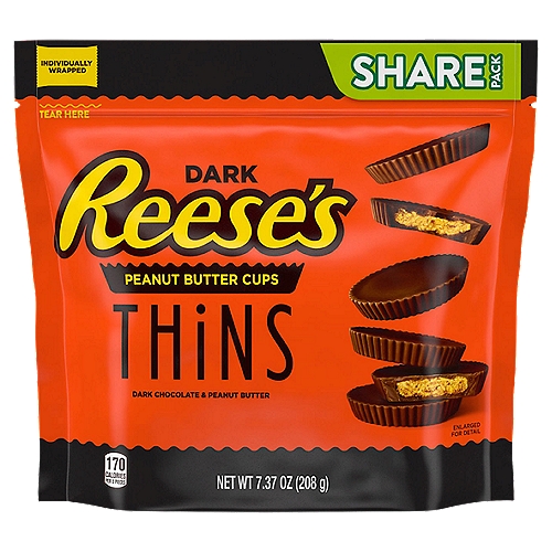 REESE'S THINS Dark Chocolate Peanut Butter Cups Candy, Individually Wrapped, 7.37 oz, Share Bag