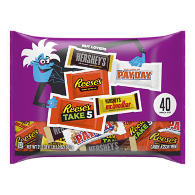 HERSHEY'S, PAYDAY and REESE'S Assorted Flavored Snack Size, Halloween Candy Bag, 21.2 oz