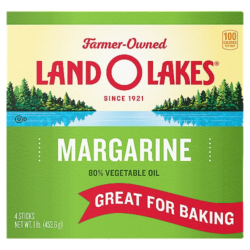 Land O Lakes® Margarine, 1 lb in 4 Sticks 
Land O Lakes® Margarine is a baker's favorite. Make delicious cookies that quickly disappear. Serve warm brownies with frosting on top. Set out irresistible cornbread that completes the family meal. Each stick of Land O Lakes® Margarine contains 80% vegetable oil, ensuring you get great results each time you bake.

Baking's Secret Ingredient
Use Land O Lakes® Margarine to get chocolate chip cookies that bake up soft, chewy, golden brown, and delicious!