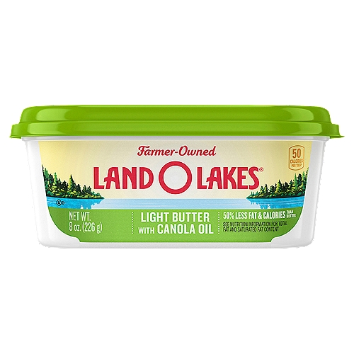 Land O Lakes® Light Butter with Canola Oil Spread, 8 oz Tub
Land O Lakes® Butter with Canola Oil gives you the fresh buttery taste you love with the spreadable convenience you want, right out of the refrigerator. Spread it onto soft, homemade pancakes and watch it melt down the sides. Spoon it into a hot skillet to give your steak a sizzling golden crust. Stir it into vegetables, or melt it over mountains of steaming mashed potatoes. With 50% less fat and calories and less cholesterol than regular butter, it's a lighter way to enjoy all your favorite foods.

Contains 5.6g total fat and 50 calories per serving, compared with 11.4g total fat and 100 calories in regular butter