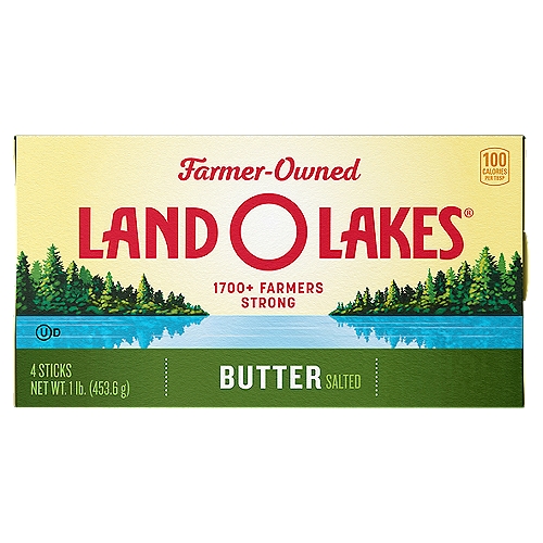 Land O Lakes® Salted Butter, 1 lb in 4 Sticks
Land O Lakes® Salted Butter is the all-purpose butter that improves the taste of everything it touches. It's the original sweet cream butter made with farm fresh milk that never lets your taste buds down. Enjoy the buttery taste you love, spreadable right out of the fridge. Salted butter complements the classics, like grilled cheese sandwiches with a golden, crispy edge, or pan fried steak, seared to perfection. Plus, every stick comes with our FlavorProtect® Wrapper to protect the pure dairy flavor you love.