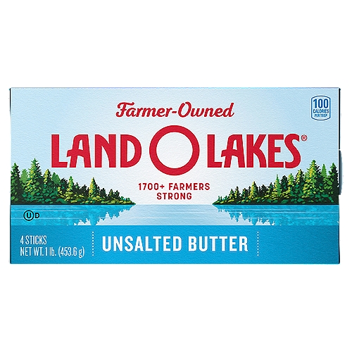 Land O Lakes® Unsalted Butter, 1 lb in 4 Sticks
As the leading national butter brand, Land O Lakes® sets the standard for flavor, consistent quality, and performance. It doesn't get much better than using farm fresh milk. Land O Lakes® Unsalted Butter has no added salt, giving you the pure sweet cream taste you love and the flavor control you need when baking, cooking, or topping. Precision is crucial for balancing flavors whether you're baking rich pecan pie, browned butter pound cake, or classic chocolate chip cookies. Plus, every stick comes with our FlavorProtect® Wrapper to protect the pure dairy flavor you love.