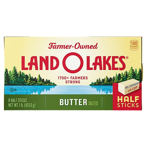 Land O Lakes® Salted Butter in Half Sticks, 1 lb in 8 Sticks
Land O Lakes® Salted Butter in Half Sticks is the all-purpose butter you love and trust, but in premeasured, easy-to-use half sticks. It's the original sweet cream butter made with farm fresh milk that never lets your taste buds down. Enjoy the buttery taste you love, spreadable right out of the fridge. Salted butter complements the classics, like grilled cheese sandwiches with a golden, crispy edge, or pan fried steak, seared to perfection. Plus, every stick comes with our FlavorProtect® Wrapper to protect the pure dairy flavor you love.