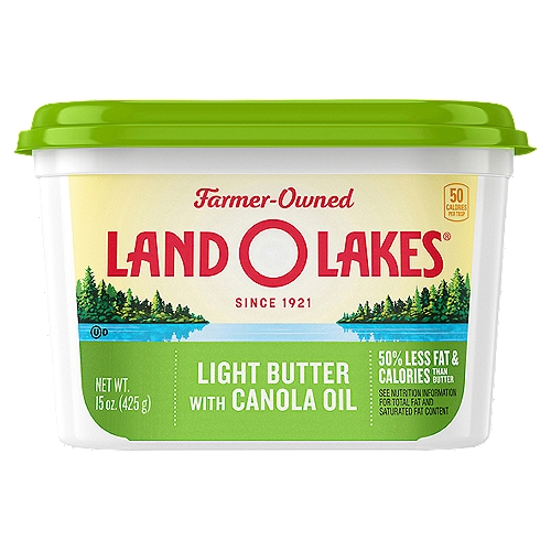 Land O Lakes® Light Butter with Canola Oil Spread, 15 oz Tub
Land O Lakes® Butter with Canola Oil gives you the fresh buttery taste you love with the spreadable convenience you want, right out of the refrigerator. Spread it onto soft, homemade pancakes and watch it melt down the sides. Spoon it into a hot skillet to give your steak a sizzling golden crust. Stir it into vegetables, or melt it over mountains of steaming mashed potatoes. With 50% less fat and calories and less cholesterol than regular butter, it's a lighter way to enjoy all your favorite foods.

Contains 5.6g total fat and 50 calories per serving, compared with 11.4g total fat and 100 calories in regular butter