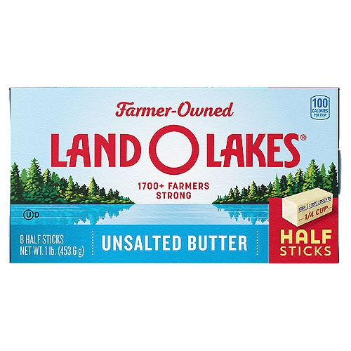 Land O Lakes® Unsalted Butter in Half Sticks, 1 lb in 8 Sticks
Land O Lakes® Unsalted Butter in Half Sticks brings the fresh sweet cream taste you love in convenient, premeasured half sticks. With no added salt, it's the pure sweet cream taste you love and the flavor control you need when baking, cooking, or topping. Precision is crucial for balancing flavors whether you're baking rich pecan pie, browned butter pound cake, or classic chocolate chip cookies. The smaller half stick size is great for cooking for two and small-batch baking. Plus, every stick comes with our FlavorProtect® Wrapper to protect the pure dairy flavor you love.