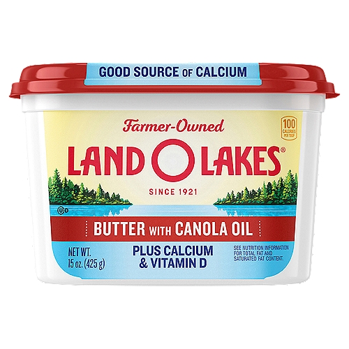Land O Lakes® Spreadable Butter with Canola Oil Plus Calcium & Vitamin D is always easy to spread right out of the refrigerator. Get the convenience of an easy-to-use spread with the added benefit of calcium and Vitamin D. Low in saturated fat, big on buttery flavor, this versatile spread is made with three simple ingredients — butter, canola oil, and salt. Spread it on toast or pancakes at breakfast, as a sandwich spread at lunch, or on steamed vegetables, hot biscuits, or mashed potatoes for dinner.