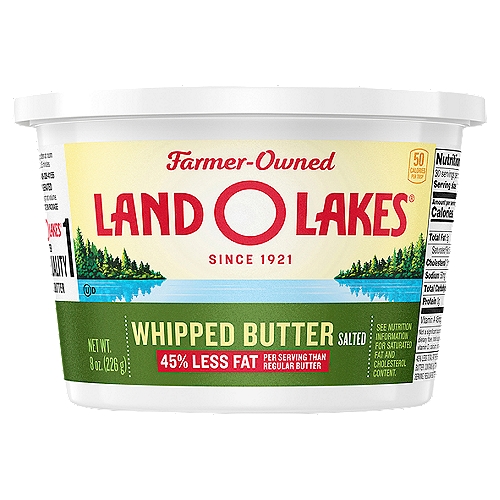 Land O Lakes® Salted Whipped Butter, 8 oz Tub
The market leader in whipped butter, Land O Lakes® Salted Whipped Butter is made with sweet cream butter and contains 45% less fat per serving than regular butter. And with less salt, you completely control the flavor. It's perfect for spreading or topping on your favorite foods without any guilt.