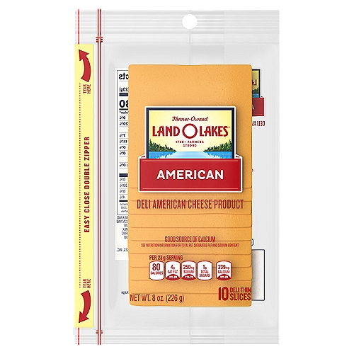 Land O Lakes Sliced Yellow Deli American is delicious deli cheese without the deli line. These slices of Yellow Deli American are the perfect addition to sandwiches and burgers, or by themselves as a snack.