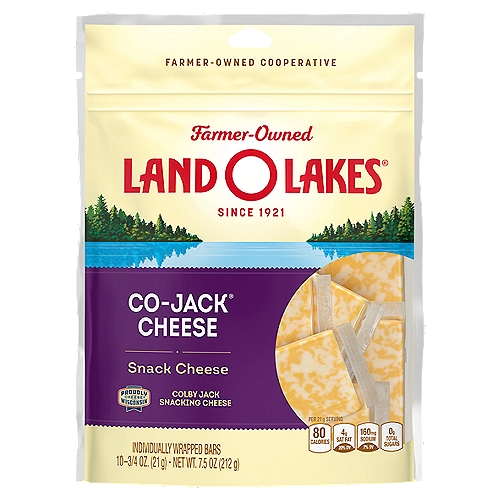 Land O Lakes® Co-Jack Snacking Cheese, 7.5 oz
Land O Lakes Co-Jack Snack Cheese is a rich, creamy blend of Colby and Monterey Jack in individually wrapped servings. They're ready when you are so you can toss them in the kids' lunches or enjoy on the go as a midday snack.