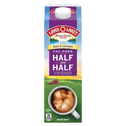 Land O Lakes Rich & Creamy Fat-Free Half and Half, one quart
Pour in a little extra—or a lot extra— when you add Land O Lakes Fat-Free Half & Half to your morning cup of coffee. Made with nonfat milk, this coffee creamer delivers the rich, creamy goodness you love, but without any of the fat. We believe in making dairy products simply and deliciously with high-quality ingredients and no preservatives. That's why you can trust every pour of our fat free half and half to be rich and creamy. 

The LAND O LAKES Brand name is used under license from Land O'Lakes, Inc.
Taste the goodness and simple deliciousness that Land O Lakes products have been bringing to your home since 1921. Just sit back and taste the difference in every sip, splash, dollop, and bite. And as a cooperative of farmer-owners, you know quality comes first. That's what the Land O Lakes brand represents.