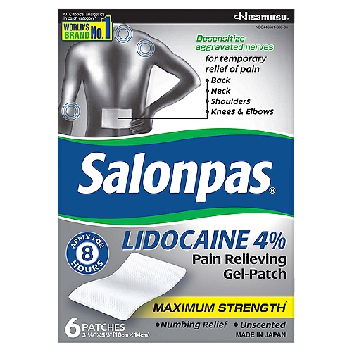 Salonpas Maximum Strength Pain Relieving Gel-Patch, 6 ct
Salonpas Lidocaine Pain Relieving Gel-Patch with Maximum Strength Lidocaine, 6 Patches
SALONPAS LIDOCAINE PATCHES: Maximum strength Lidocaine, available without a prescription, provides relief for minor aches & pains. Easily apply patch under clothing for hours of relief from muscle soreness, sprains, back pain or backache, joint pain, & neck pain
TACKLE LARGE OR SMALL PAIN AREAS: Convenient 4x5.5'' Lidocaine patches can be used for up to 8 hours of powerful targeted relief. Plus, check out our whole assortment of pain relief products and find a pain relief solution tailored for you
QUALITY ACTIVE INGREDIENTS WITH NO PRESCRIPTION: With 4% Lidocaine as the active ingredient, you get the maximum strength you can buy without a prescription. That's powerful medicine to provide targeted relief for hours with no doctor visits.
HOURS OF PAIN RELIEF: Is back pain holding you back? Does neck pain make it hard to focus? Is joint pain or muscle soreness stopping your favorite activities? Salonpas patches provide hours of pain relief. Why let pain stop you, when you can stop pain?
SALONPAS TO HELP SOOTHE YOUR PAIN: With pain relief patches, spray, cream, gel and liquid, Salonpas is here to help you get through your day with discreet, easy to use, topical pain relief for temporary relief of aches and pains

OTC topical analgesics in patch category*
*Source: Euromonitor International Limited; in terms of retail sales value in 2017, based on the custom research conducted in March-April 2018 in the countries that account for more than 70% share of the global topical analgesics/anaesthetic market in 2017.

Maximum Strength*(1)
*(1) Available without a prescription.

Better adhesion*(2) rounded corner
*(2) Compared to the same patch with right angle corners. Data on file.

Drug Facts
Active ingredient - Purpose
Lidocaine 4% - Topical anesthetic

Uses
For temporary relief of pain
