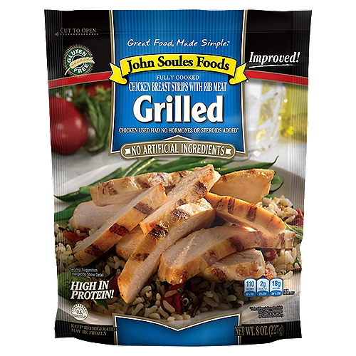 John Soules Foods Grilled Chicken Breast Strips with Rib Meat, 8 oz