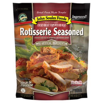 John Soules Foods Chicken Breast Strips with Rib Meat Rotisserie Seasoned, 8 oz, 8 Ounce