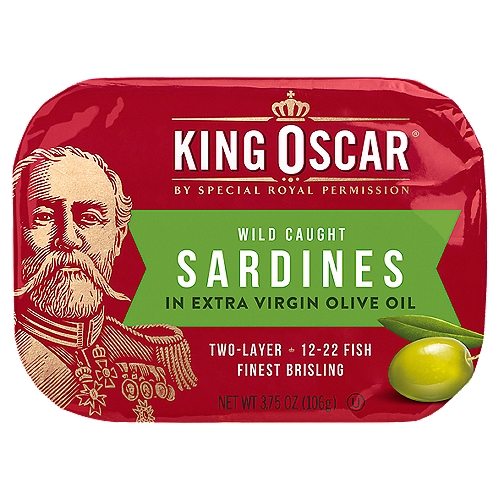 King Oscar Wild Caught Sardines in Extra Virgin Olive Oil, 3.75 oz
Finest Brisling Sardines

Premium quality King Oscar® Brisling Sardines have always been wild-caught, lightly wood-smoked, and hand-packed for generations.