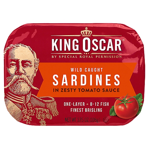 King Oscar Sardines in Zesty Tomato Sauce, 3.75 oz
Finest Brisling Sardines

Premium quality King Oscar® Brisling Sardines have always been wild-caught, lightly wood-smoked, and hand-packed for generations.