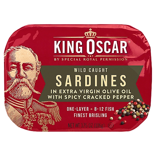 King Oscar Wild Caught Sardines in Extra Virgin Olive Oil with Spicy Cracked Pepper, 3.75 oz
Finest Brisling Sardines

Premium quality King Oscar® Brisling Sardines have always been wild-caught, lightly wood-smoked, and hand-packed for generations.