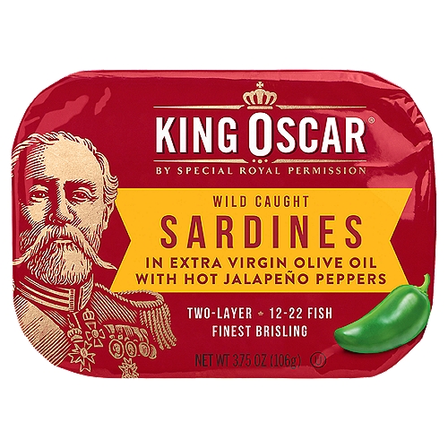 King Oscar Wild Caught Sardines in Extra Virgin Olive Oil with Hot Jalapeño Peppers, 3.75 oz
Finest Brisling Sardines

Premium quality King Oscar® Brisling Sardines have always been wild-caught, lightly wood-smoked, and hand-packed for generations.