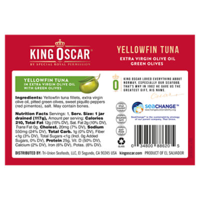 King Oscar Yellowfin Tuna in Extra Virgin Olive Oil with Green Olives, 6.7  oz - Fairway