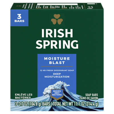 Irish Spring Moisture Blast Deodorant Bar Soap for Men, 3.7 oz, 3 Pack