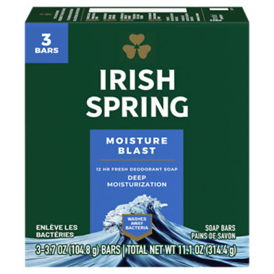 Irish Spring Moisture Blast Deodorant Bar Soap for Men, 3.7 oz, 3 Pack, 3.7 Ounce