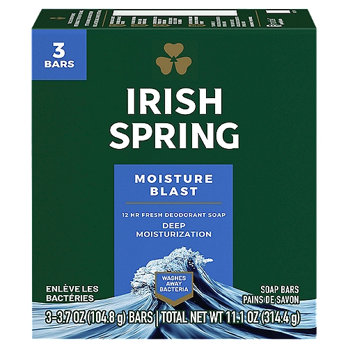 Irish Spring Moisture Blast Deodorant Bar Soap for Men, 3.7 oz, 3 Pack