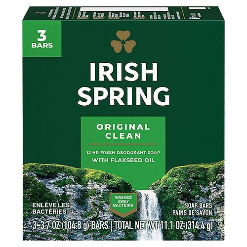 The Irish Spring bar soap carton might have a new design, but it's still the same great bar soap you love to smell. Feel clean, smell serene with Irish Spring Original Clean Bar Soap, formerly our Original bar soap, which is made with a 98% naturally derived formula and has flaxseed oil. This bar soap for men is mild for skin, paraben, phthalate and gluten free. Irish Spring original bar soap keeps you fresh for 12 hours and can be used as hand soap, too. Smell like you came from a nice-smelling place with Irish Spring bar soap packs.nnaloe body wash, aloe vera body wash, mint body wash, hydrating body wash, moisturizing body wash, soothing body wash, sensitive body wash, body wash for sensitive skin, gender neutral body wash, organic body wash, men's shower gel, women's shower gel, coconut body wash, scented body wash, citrus body wash, antiperspirant body wash, antibacterial body wash, body wash for dry skin, natural body wash, fly insect repellent, backyard pest repeller, bug repellentncitronella, mosquito repellent, insect repellent, insect repellantnnThat Cool Outdoor Freshness? We're Bringing It to the Palm of Your Hand.