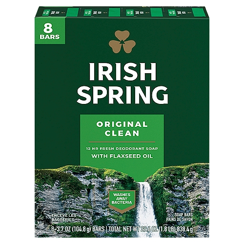 The Irish Spring bar soap carton might have a new design, but it's still the same great bar soap you love to smell. Feel clean, smell serene with Irish Spring Original Clean Bar Soap, formerly our Original bar soap, which is made with a 98% naturally derived formula and has flaxseed oil. This bar soap for men is mild for skin, paraben, phthalate and gluten free. Irish Spring original bar soap keeps you fresh for 12 hours and can be used as hand soap, too. Smell like you came from a nice-smelling place with Irish Spring bar soap packs.nnaloe body wash, aloe vera body wash, mint body wash, hydrating body wash, moisturizing body wash, soothing body wash, sensitive body wash, body wash for sensitive skin, gender neutral body wash, organic body wash, men's shower gel, women's shower gel, coconut body wash, scented body wash, citrus body wash, antiperspirant body wash, antibacterial body wash, body wash for dry skin, natural body wash, fly insect repellent, backyard pest repeller, bug repellentncitronella, mosquito repellent, insect repellent, insect repellantnnThat Cool Outdoor Freshness? We're Bringing it to the Palm of Your Hand.