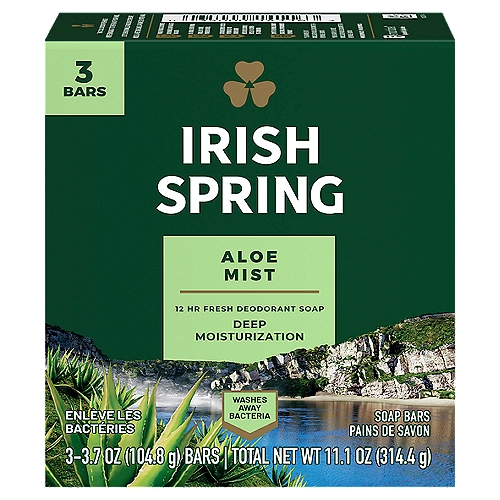Irish Spring Aloe Mist Deodorant Bar Soap for Men, 3.7 oz, 3 Pack
The Irish Spring bar soap carton might have a new design, but it's still the same great bar soap you love to smell. Feel clean, smell serene with Irish Spring Aloe Mist Bar Soap, which helps attract and lock in moisture and is made with a 98% naturally derived formula. This bar soap for men is mild for skin, paraben, phthalate and gluten free, and has flaxseed oil. Irish Spring keeps you fresh for 12 hours and can be used as hand soap, too. Smell like you came from a nice-smelling place with Irish Spring bar soap packs.

aloe body wash, aloe vera body wash, mint body wash, hydrating body wash, moisturizing body wash, soothing body wash, sensitive body wash, body wash for sensitive skin, gender neutral body wash, organic body wash, men's shower gel, women's shower gel, coconut body wash, scented body wash, citrus body wash, antiperspirant body wash, antibacterial body wash, body wash for dry skin, natural body wash, fly insect repellent, backyard pest repeller, bug repellent
citronella, mosquito repellent, insect repellent, insect repellant

That Cool Outdoor Freshness? We're Bringing it to the Palm of Your Hand.