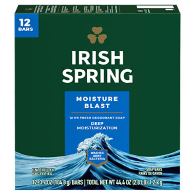 Irish Spring Moisture Blast Deodorant Bar Soap for Men, 3.7 oz, 12 Pack