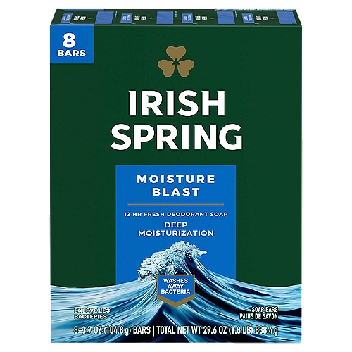 Irish Spring Moisture Blast Bar Soap helps retain your skin's natural moisture. Its revitalizing scent awakens your senses, and its 12-hour deodorant protection lets you feel fresh throughout the day.