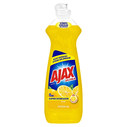 Ajax Ultra Super Degreaser Lemon Dish Liquid, 14 fl oz
Delight in the fresh, clean aroma of Lemon while getting your dishes spotlessly clean with Ajax Ultra Super Degreaser Lemon Dishwashing Liquid. It is formulated with natural citrus extracts and powerful ingredients. It removes tough, baked-on food residue, dirt, soil and grease. This washing liquid is kosher and phosphate free.

Dish soap, dishsoap, dishwashing, hand dish soap, hand, moisturizing, non-drying, cuts through grease, greasy, great scent, best, grime, pots, pans, gentle, environmetally friendly, stubborn food, cleaning, scrub, safe, value, concentrated, detergent, gentleness, soapy, mild scent, oil, cutting grease, thick, stuck on food, detergent