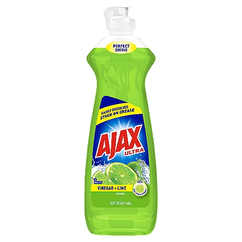 Ajax Ultra Vinegar + Lime Dish Liquid, 14 fl oz
Ajax Vinegar + Lime Dish Washing Liquid gets dishes clean and free of grease and food debris. Enjoy long-lasting suds with the crisp, fresh scent of juicy lime and a touch of vinegar. This formula leaves dishes with the perfect shine. This product is also phosphate-free, making it gentle on hands.

Dish soap, dishsoap, dishwashing, hand dish soap, hand, moisturizing, non-drying, cuts through grease, greasy, great scent, best, grime, pots, pans, gentle, environmetally friendly, stubborn food, cleaning, scrub, safe, value, concentrated, detergent, gentleness, soapy, mild scent, oil, cutting grease, thick, stuck on food, detergent