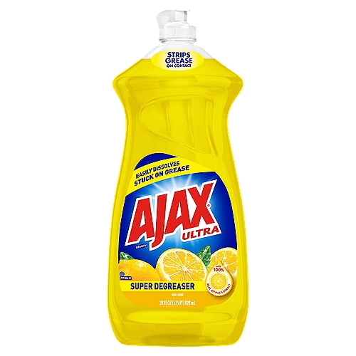 Ajax Ultra Super Degreaser Dishwashing Liquid Dish Soap, Lemon - 28 Fluid Ounce
Delight in the fresh, clean aroma of Ajax's Lemon while getting your dishes spotlessly clean.

Dish soap, dishsoap, dishwashing, hand dish soap, hand, moisturizing, non-drying, cuts through grease, greasy, great scent, best, grime, pots, pans, gentle, environmetally friendly, stubborn food, cleaning, scrub, safe, value, concentrated, detergent, gentleness, soapy, mild scent, oil, cutting grease, thick, stuck on food, detergent

Made with strength and water, dissolves ingredients, ammonium lauryl sulfate removes dirt and oil, ammonium laureth sulfate or ammonium C12-15 alkyl sulfate removes dirt and oil, ammonium C12-15 pareth sulfate removes dirt and oil, sodium chloride controls thickness, lauramidopropylamine oxide removes dirt and oil, polaxamer 124 controls thickness, fragrance adds a fresh scent, pentrasodium pentetate maintains stability and performance, methylisothiazolinone maintains shelf life, benzisothiazolinone maintains shelf life, colorants adds color to product.

Washes Away Bacteria from Hands*
*When used as a hand soap. Wash away dirt and bacteria for good hand hygiene. Healthcare agencies recommend to wet hands with clean water, lather, scrub for 20 seconds and rinse.