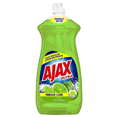 Ajax Ultra Dishwashing Liquid Dish Soap, Vinegar + Lime - 28 Fluid Ounce
Enjoy long-lasting suds with the crisp, fresh scent of juicy lime and a touch of vinegar. This formula leaves dishes with the perfect shine.

Dish soap, dishsoap, dishwashing, hand dish soap, hand, moisturizing, non-drying, cuts through grease, greasy, great scent, best, grime, pots, pans, gentle, environmetally friendly, stubborn food, cleaning, scrub, safe, value, concentrated, detergent, gentleness, soapy, mild scent, oil, cutting grease, thick, stuck on food, detergent

Made with strength and water, dissolves ingredients, ammonium lauryl sulfate removes dirt and oil, ammonium laureth sulfate or ammonium C12-15 alkyl sulfate removes dirt and oil, ammonium C12-15 pareth sulfate removes dirt and oil, lauramidopropylamine oxide removes dirt and oil, sodium chloride controls thickness, polaxamer 124 controls thickness, fragrance adds a fresh scent, pentasodium pentetate maintains stability and performance, acetic acid (vinegar) dissolves ingredients, methylisothiazolinone maintains shelf life, benzisothiazolinone maintains shelf life, methylchloroisothiazolinone maintains shelf life, colorants adds color to product.

Washes Away Bacteria from Hands*
*When used as a hand soap. Wash away dirt and bacteria for good hand hygiene. Healthcare agencies recommend to wet hands with clean water, lather, scrub for 20 seconds and rinse.