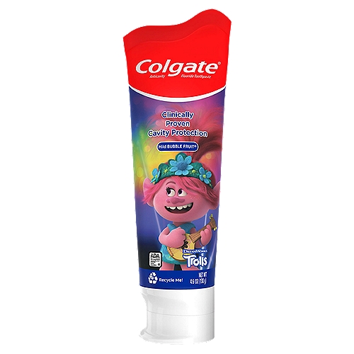 Colgate Kids Toothpaste with Anticavity Fluoride, Trolls™, 4.6 ounces
Colgate Kids Toothpaste featuring Trolls™ provides clinically-proven cavity and enamel protection that strengthens and protects developing teeth.

kids toothpaste, toothpaste for kids, fluoride kids toothpaste, bubble gum toothpaste for kids, kids enamel toothpaste, kids tooth paste, trolls toothpaste, enamel protection kids toothpaste, childrens toothpaste, kids anticavity toothpaste, best kids toothpaste

Mild Bubble Fruit®

Drug Facts
Active ingredient - Purpose
Sodium fluoride 0.24% (0.15% w/v fluoride ion) - Anticavity

Use
Helps protect against cavities
