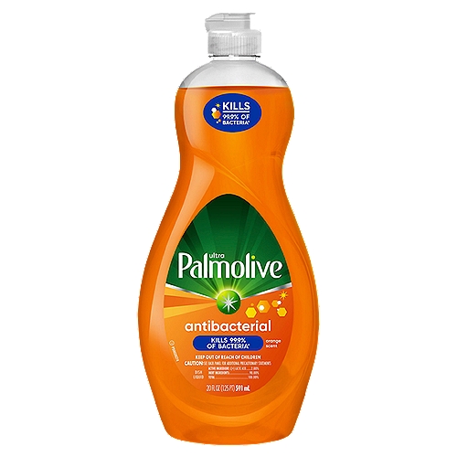 Palmolive Ultra Antibacterial Orange Scent Dish Liquid, 20 fl oz
Palmolive Ultra Antibacterial dishwashing liquid dish soap kills 99.9% of bacteria* on your dishes and kitchen surfaces. Our US EPA registered dish liquid contains a plant-based active ingredient** and cuts grease to leave your dirtiest dishes clean and residue free. Ultra Palmolive Antibacterial dish liquid is phosphate free and contains no harsh abrasives, making it a great addition to your household dishwashing supplies. *Staph aureus, Salmonella enterica and E. coli 0157:H7 **Active ingredient synthesized from plants

concentrated dish liquid soap dishwashing detergent cuts grease mild citrus scent cleans dishes grime wash pots pans stuck on food