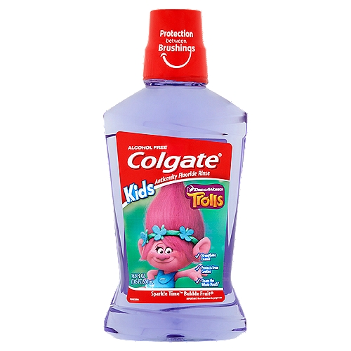 Colgate Kids Sparkle Time Bubble Fruit Mouthwash, 16.9 fl oz
Anticavity Fluoride Rinse

Cleans the whole mouth*
*Swishes away particles brushing may miss

Use
Aids in the prevention of dental cavities

Drug Facts
Active ingredient - Purpose
Sodium fluoride 0.02% (0.01% w/v fluoride ion) - Anticavity