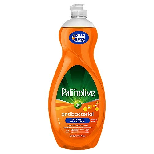 Palmolive Ultra Antibacterial Orange Scent Dishwashing Liquid Dish Soap - 32.5 fl oz
Ultra Palmolive Antibacterial Dish Liquid kills 99.9% of bacteria* on your dishes and kitchen surfaces. Our US EPA registered dish liquid contains a plant-based active ingredient** and cuts grease to leave your dishes clean and residue free
*Staph aureus, Salmonella enterica and E. coli 0157:H7
**Active ingredient synthesized from plants

concentrated dish liquid soap dishwashing detergent cuts grease mild citrus scent cleans dishes grime wash pots pans stuck on food