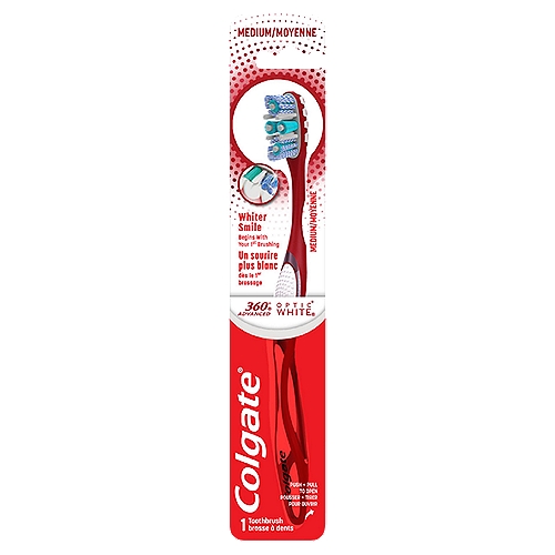 Cleans:n✓ Teethn✓ Tonguen✓ Cheeksn✓ GumsnnThe Colgate 360⁰ Advanced Optic White medium manual toothbrush features an advanced multi-action bristle design (vs.nnTeeth whitening toothbrush, medium bristles polishing toothbrush whiten teeth, tongue and cheek cleaner, brush teeth remove teeth stains, full head adult manual toothbrushes