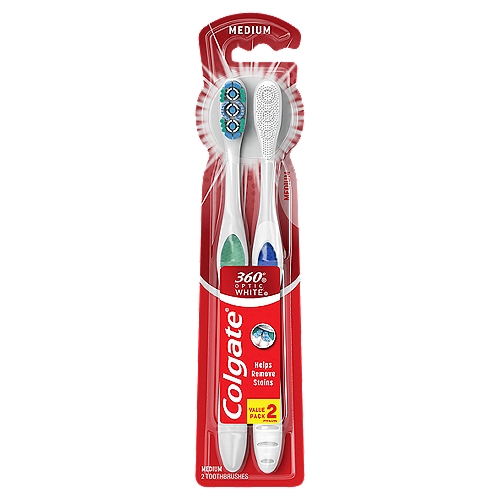 Colgate 360° Optic White Whitening Medium Toothbrush - 2 Count
Polishing bristles help to whiten teeth by polishing away surface stains and clean hard to reach areas.

Cleans:
✓ Teeth
✓ Cheeks
✓ Tongue
✓ Gums

The Colgate 360⁰ Optic White medium manual whitening toothbrush is designed with whitening cups that hold toothpaste to effectively help remove surface stains for a naturally white smile.