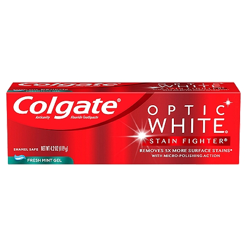 Colgate Optic White Stain Fighter Fresh Mint Gel Whitening Toothpaste 4.2
Anticavity Fluoride Toothpaste

Removes 6x More Surface Stains* with Micro-Polishing Action
*vs. ordinary, non whitening toothpaste after 2 weeks of continued use.

Drug Facts
Active ingredient - Purpose
Sodium fluoride 0.24% (0.15 w/v fluoride ion) - Anticavity

Use
Helps protect against cavities