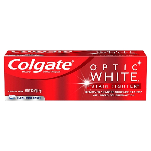 Colgate Optic White Stain Fighter Clean Mint Paste Whitening Toothpaste 4.2 oz
Colgate Optic White Stain Fighter is a stain removal whitening toothpaste with micro-polishing action to remove 5X more surface stains*. This Colgate Optic White toothpaste contains clinically proven technology that safely removes surface stains and helps prevent new stains from forming, so your teeth stay whiter longer. *vs. ordinary non whitening toothpaste, after 2 weeks of continued use

tooth whitening toothpaste, mint gel toothpaste, gel toothpaste, toothpaste gel, teeth whiteners, stain removers. stain removal toothpaste, cavity protection toothpaste, total toothpaste, charcoal toothpaste, teeth whitening, whitening toothpaste, natural toothpaste, organic toothpaste, spearmint toothpaste, wintergreen toothpaste