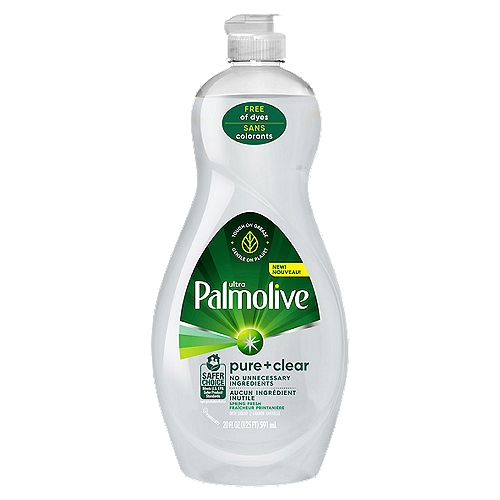 Palmolive Ultra Dishwashing Liquid Dish Soap, Pure + Clear Spring Fresh Scent - 20 Fluid Ounce
Palmolive Ultra Pure + Clear Spring Fresh Liquid Dish Soap is the cleaner with no unnecessary ingredients that effectively cuts through grease. While Palmolive Ultra Pure + Clear is tough on grease, it is made to be gentle on the earth with a hypoallergenic formula, biodegradable cleaning ingredients, and sustainable packaging. Make a difference at home and on the environment with Palmolive Ultra.

concentrated concentrate liquid dish soap dishwashing detergent hand hypoallergenic natural organic moisturizing cuts grease mild scent cleans dishes grime environmentally friendly wash pots pans stuck on food

100% Biodegradable Cleaning Ingredients†
†OECD 301 B,C,D / OCDE 301 B,C,D
