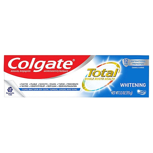 Colgate Total SF Whitening Gel Toothpaste, 3.3 oz
Anticavity, Antigingivitis and Antisensitivity Toothpaste

This Colgate product is specially formulated to help prevent staining.

Whole mouth health*
Protects
✓ Teeth
✓ Tongue
✓ Cheeks
✓ Gums
*Helps reduce plaque that leads to gingivitis; fortifies enamel; helps relieve sensitivity with continued use. Not intended for prevention or treatment of more serious oral conditions.

Uses
• aids in the prevention of cavities
• helps prevent gingivitis
• helps interfere with harmful effects of plaque associated with gingivitis
• builds increasing protection against painful sensitivity of the teeth to cold, heat, acids, sweets, or contact

Drug Facts
Active ingredient - Purposes
Stannous fluoride 0.454% (0.15% w/v fluoride ion) - Anticavity, antigingivitis, antisensitivity
