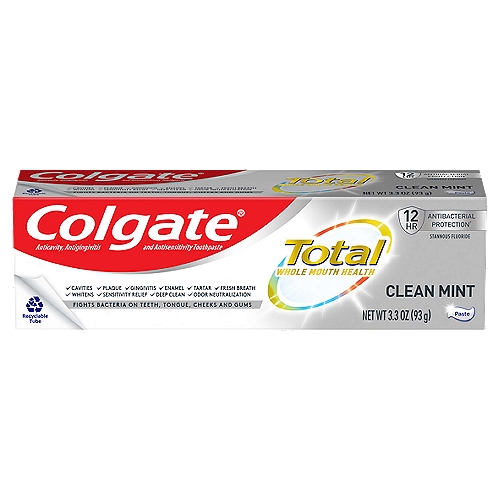 Colgate Total Clean Mint Toothpaste, 3.3 oz
Anticavity, Antigingivitis and Antisensitivity Toothpaste

Whole mouth health*
Protects
✓ Teeth
✓ Tongue
✓ Cheeks
✓ Gums
*Helps reduce plaque that leads to gingivitis; fortifies enamel; helps relieve sensitivity with continued use. Not intended for prevention or treatment of more serious oral conditions.

This Colgate product is specially formulated to help prevent staining.

Uses
• aids in the prevention of cavities
• helps prevent gingivitis
• helps interfere with harmful effects of plaque associated with gingivitis
• builds increasing protection against painful sensitivity of the teeth to cold, heat, acids, sweets, or contact

Drug Facts
Active ingredient - Purposes
Stannous fluoride 0.454% (0.15% w/v fluoride ion) - Anticavity, antigingivitis, antisensitivity