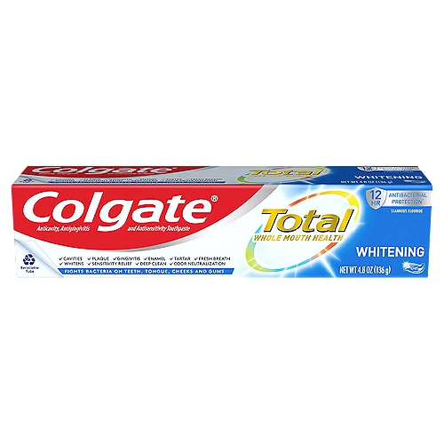 Colgate Total Whitening Gel Toothpaste, 4.8 oz
You can smile confidently when you use Colgate Total + Whitening Toothpaste. It not only offers the benefits of regular toothpaste but also refreshes and whitens teeth by gently removing surface stains. This teeth-whitening toothpaste is specially formulated to eliminate stains and fight against cavities, plaque and gingivitis while preventing the occurrence of new stains and tartar buildup.

tooth paste, toothpastes, diabetes, gum disease, protection, best whitening, strips, cavity protection, great taste, halitosis, teeth, tooth wash, clean, stain removal, bleach, peroxide, healthy, hydrogen peroxide, affordable, at home, baking soda, bad breath ,easy, fast, home remedies, do it yourself, dental stain removal, over the counter, noticeable, beautiful, long lasting, refreshing, lightens, freshen, keeps, gel, pearly, sensitivity