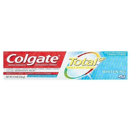 Anticavity, Antigingivitis and Antisensitivity ToothpastennThis Colgate product is specially formulated to help prevent staining.nnWhole mouth health*nProtectsn✓ Teethn✓ Tonguen✓ Cheeksn✓ Gumsn*Helps reduce plaque that leads to gingivitis; fortifies enamel; helps relieve sensitivity with continued use. Not intended for prevention or treatment of more serious oral conditions.nnUsesn• aids in the prevention of cavitiesn• helps prevent gingivitisn• helps interfere with harmful effects of plaque associated with gingivitisn• builds increasing protection against painful sensitivity of the teeth to cold, heat, acids, sweets, or contactnnDrug FactsnActive ingredient - PurposesnStannous fluoride 0.454% (0.15% w/v fluoride ion) - Anticavity, antigingivitis, antisensitivity