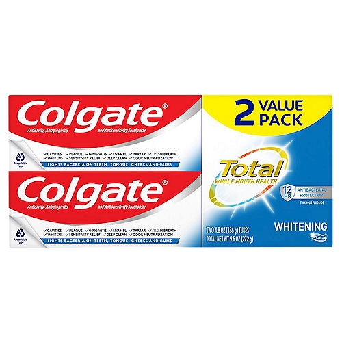 Colgate Total SF Whitening Toothpaste Value Pack, 4.8 oz, 2 count
Anticavity, Antigingivitis and Antisensitivity Toothpaste

Whole mouth health*
Protects
✓ Teeth
✓ Tongue
✓ Cheeks
✓ Gums
*Helps reduce plaque that leads to gingivitis; fortifies enamel; helps relieve sensitivity with continued use. Not intended for prevention or treatment of more serious oral conditions.

Uses
• aids in the prevention of cavities
• helps prevent gingivitis
• helps interfere with harmful effects of plaque associated with gingivitis
• builds increasing protection against painful sensitivity of the teeth to cold, heat, acids, sweets, or contact

Drug Facts
Active ingredient - Purposes
Stannous fluoride 0.454% (0.15% w/v fluoride ion) - Anticavity, antigingivitis, antisensitivity
