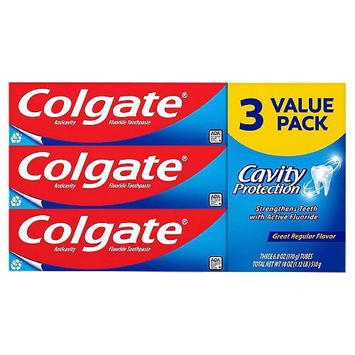 Colgate Cavity Protection Toothpaste with Fluoride, Great Regular Flavor - 6 Ounce (3 pack)
Formulated with Fluoride and with a great mint taste, Colgate Cavity Protection Toothpaste cleans thoroughly, strengthens teeth, and fights cavities.

colgate cavity protection fluoride toothpaste, enamel toothpaste, strengthen teeth enamel, mint toothpaste, anticavity fluoride toothpaste

Drug Facts
Active ingredient - Purpose
Sodium monofluorophosphate 0.76% (0.15% w/v fluoride ion) - Anticavity

Use
Help protect against cavities