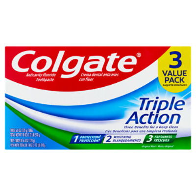 Colgate Triple Action Original Mint Anticavity Fluoride Toothpaste Value Pack, 6.0 oz, 3 count